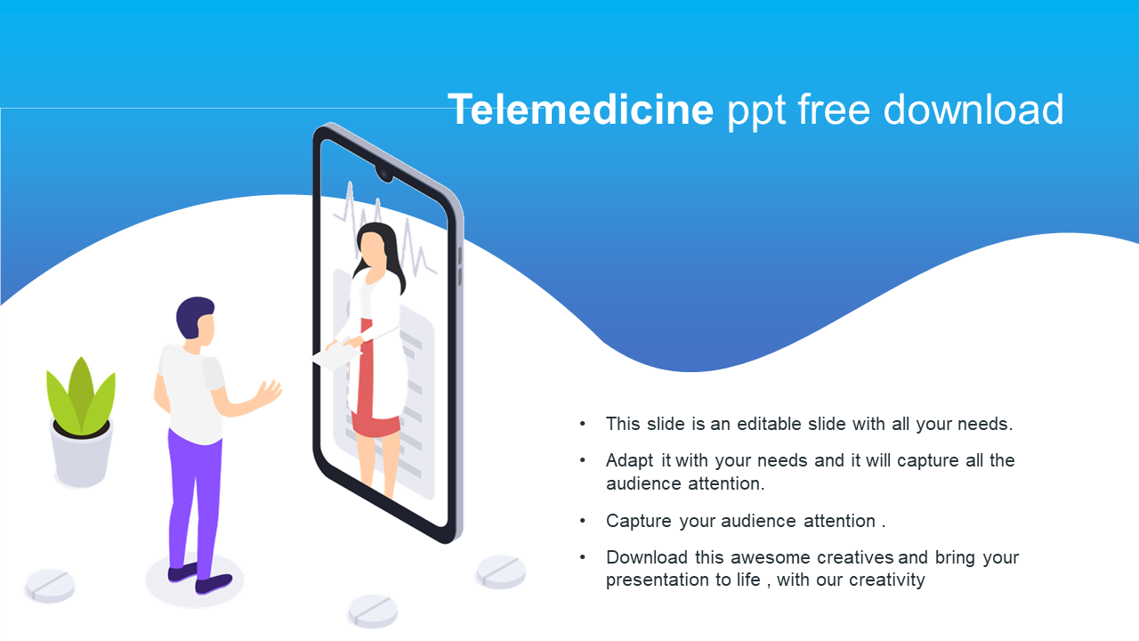 Telemedicine PowerPoint slide showing a doctor on a phone screen with a patient in front, ready for a virtual consultation.