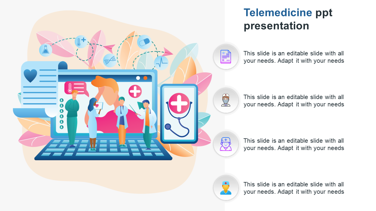 Telemedicine PowerPoint slide featuring doctors, patients, and digital healthcare icons with placeholder text.