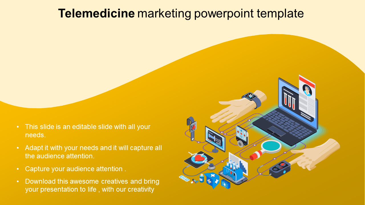 Telemedicine marketing slide featuring a laptop, medical icons, and wearable devices with health related data and captions.