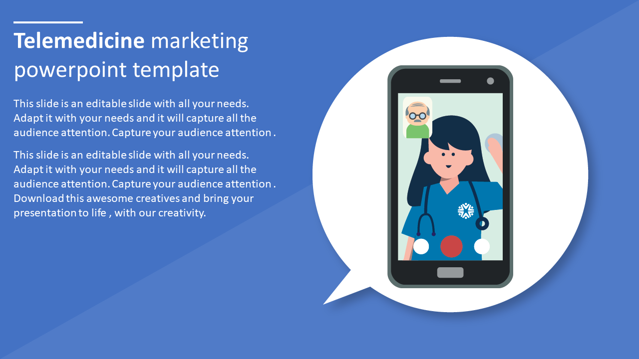 Telemedicine marketing template with a doctor on a video call with an elderly patient on a mobile phone on a blue theme.