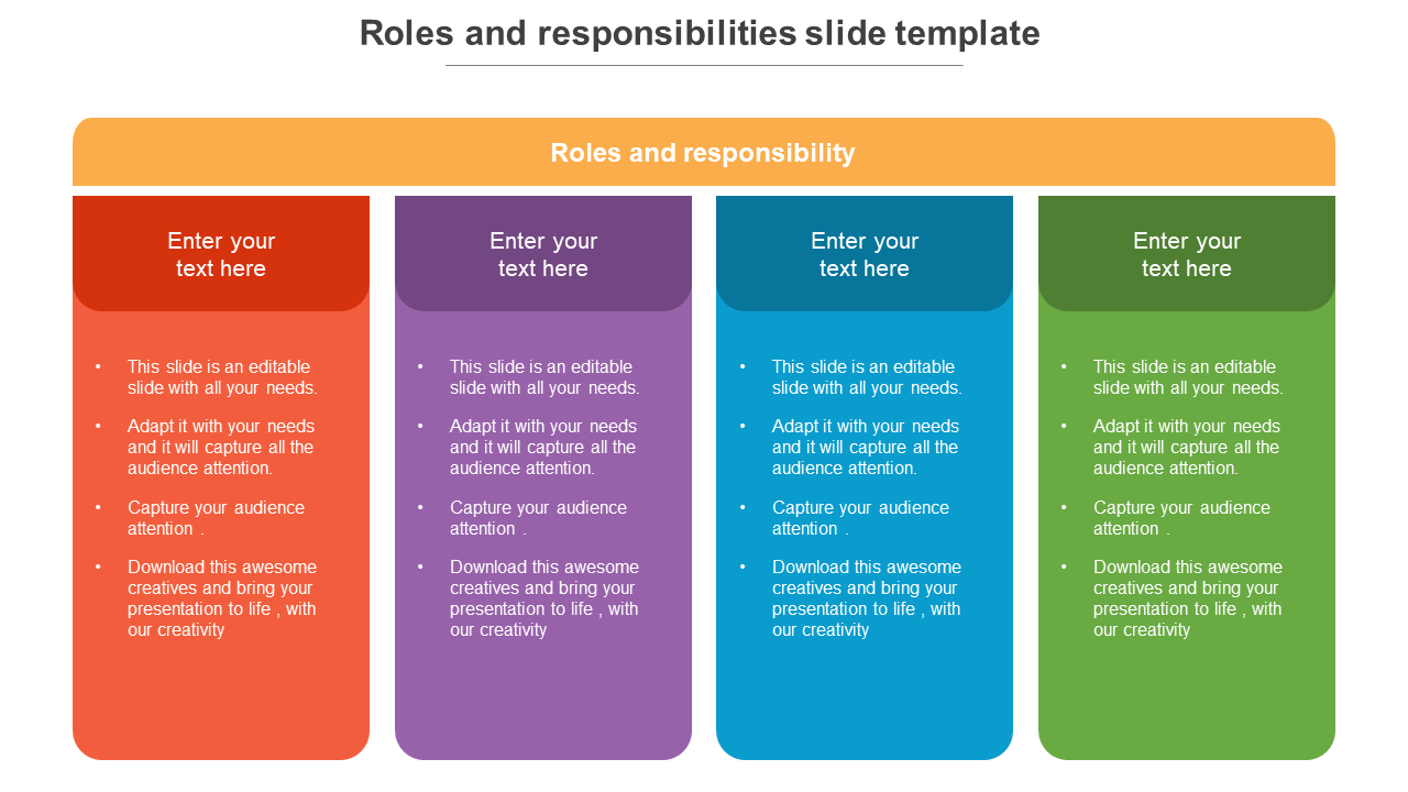 Roles and responsibilities layout slide, offering four colored sections with text area.