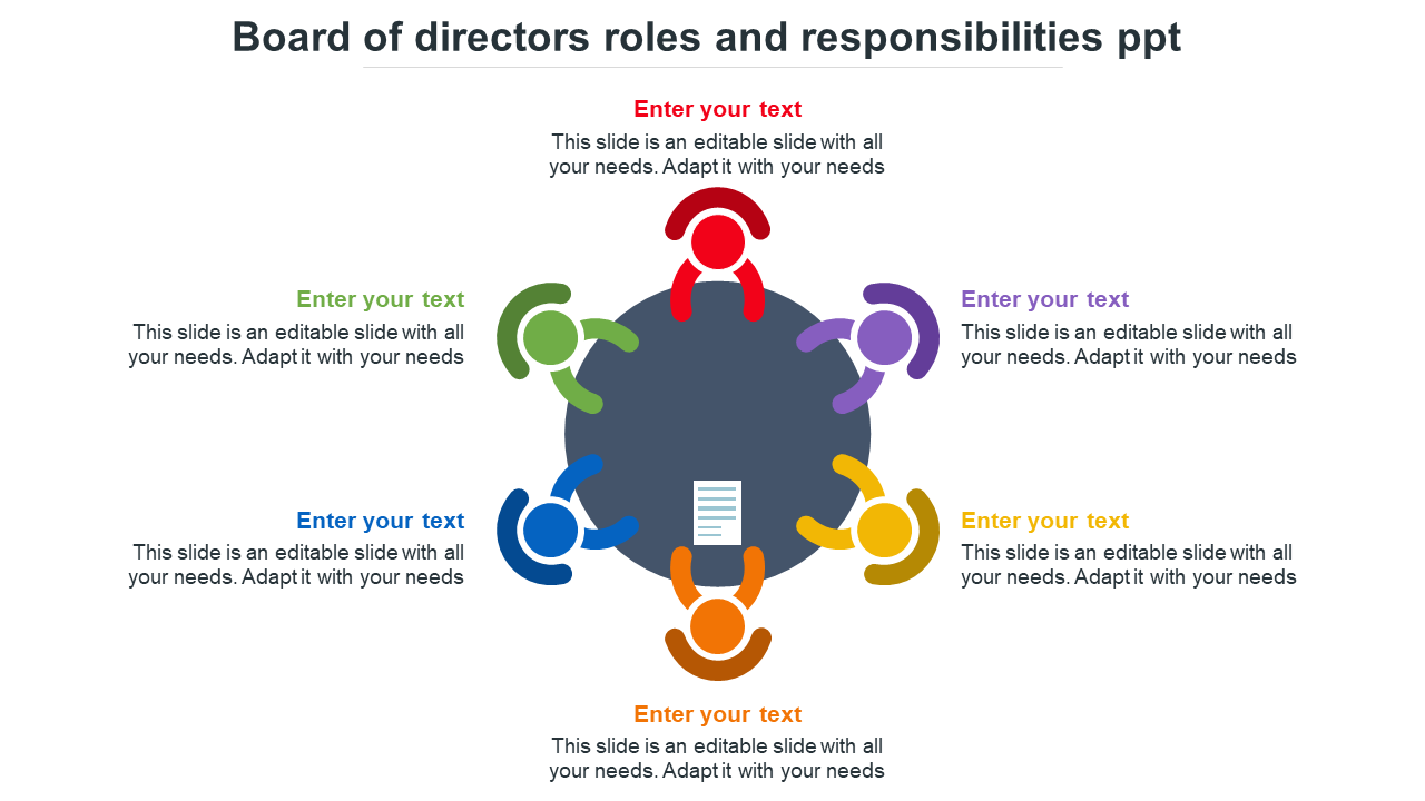 Slide layout with a central blue clipboard icon surrounded by six colorful circular icons, each connected to text areas.