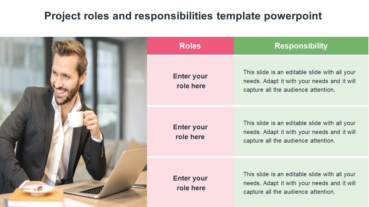 Businessman drinking coffee in front of a laptop, with a roles and responsibilities table showing placeholder text ateas.