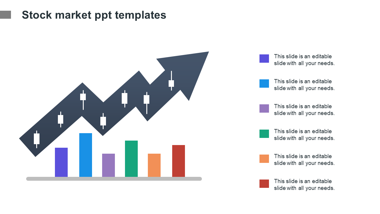 Slide featuring stock market themed graphics, including an upward trending arrow and colorful bar charts with text area.