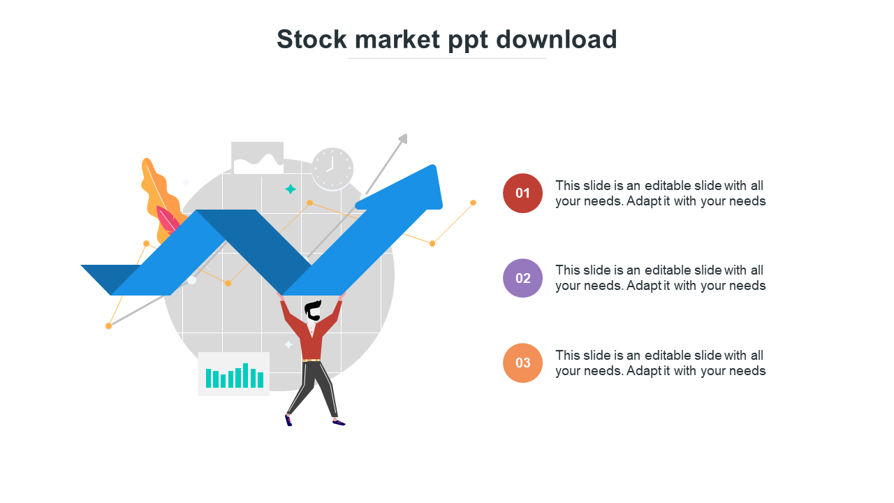 Stock market slide with a person holding a blue upward arrow, and three colorful numbered text boxes on the side.