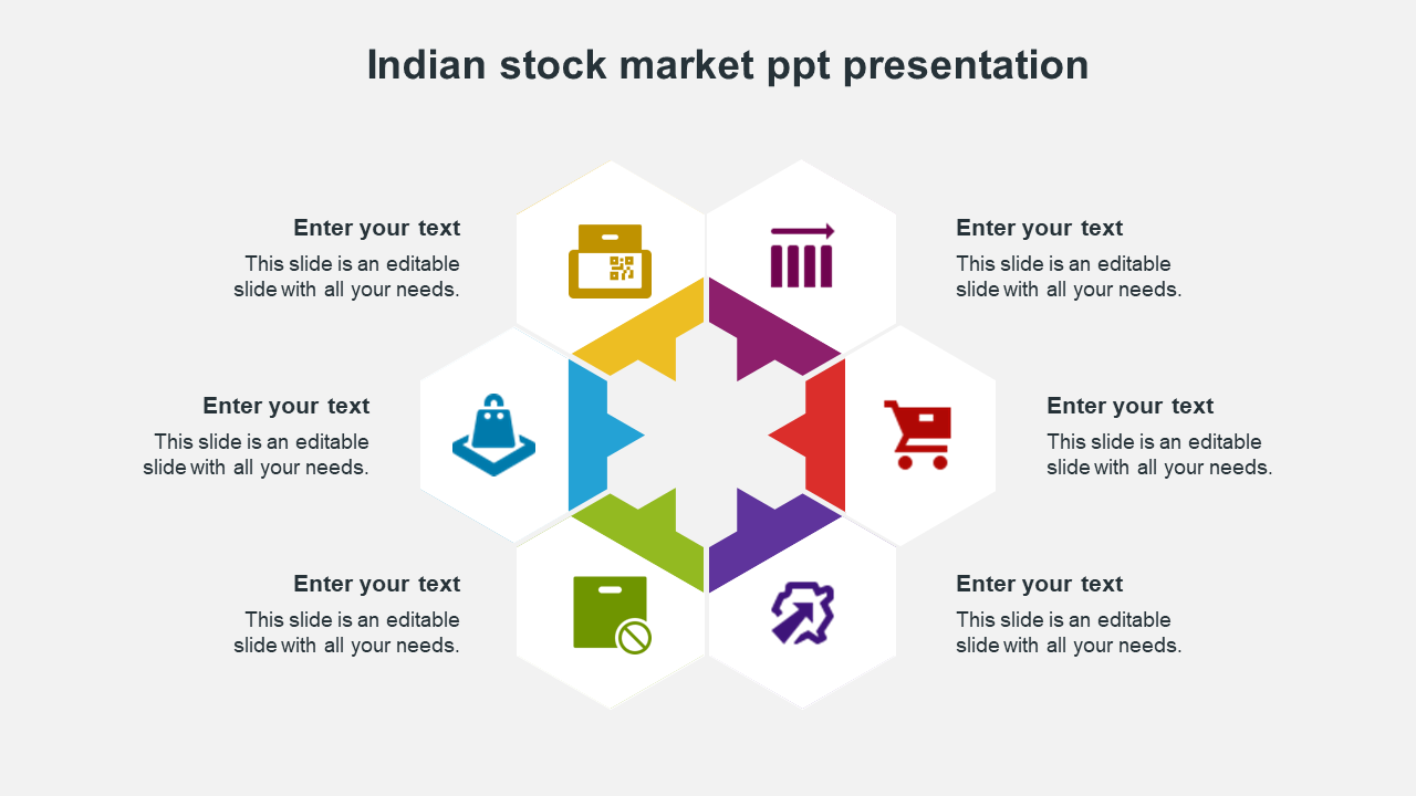 Indian stock market slide featuring hexagon shapes and six colored icons related to various business sectors with text.