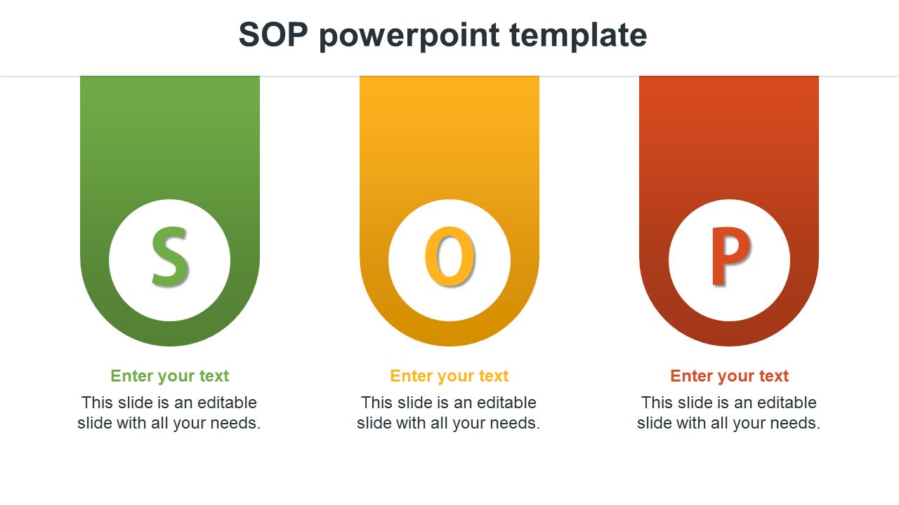 Slide with three circular icons for S, O, P in green, orange, and red, each within a hanging tag shape and text below.