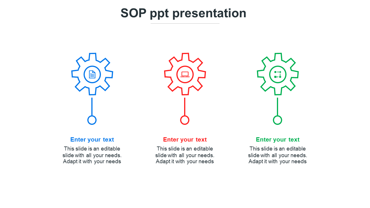 SOP PowerPoint presentation slide with three gear icons representing different processes in blue, red, and green.