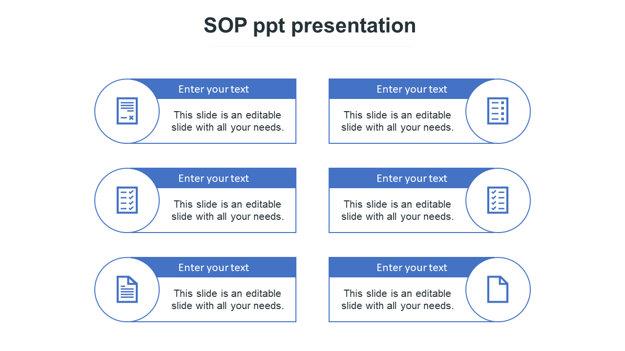 SOP slide with six blue text boxes with circular icons representing documents and checklists, arranged in two columns.