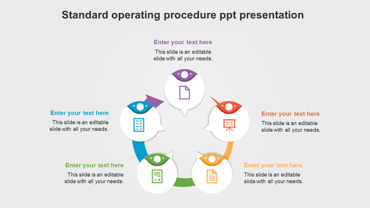 Standard operating procedure slide with a circular flow diagram featuring six sections for text, each with color coded icons.