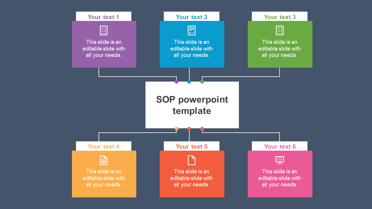 SOP PowerPoint template with a central box connected to six colorful process steps in a structured layout with icons.