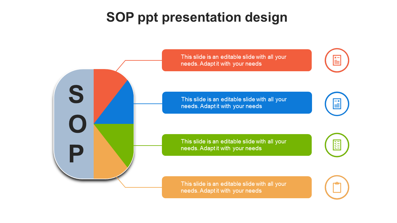 SOP slide design with four text boxes with icons on the right, each color-coded in orange, blue, green, and yellow.