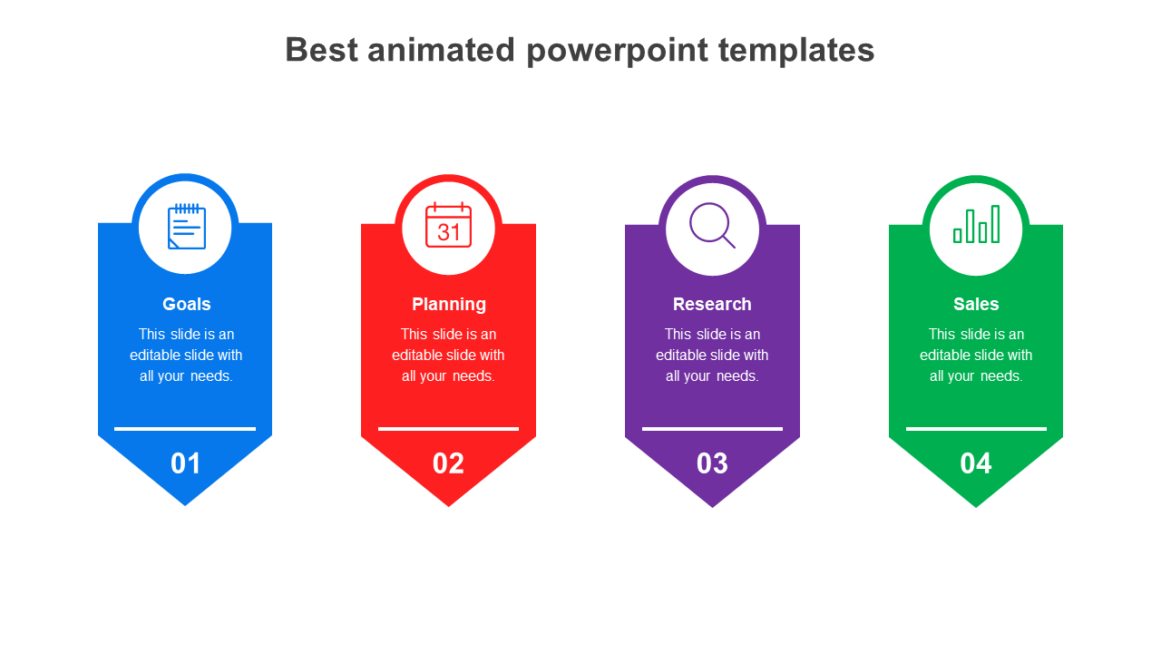 Colorful PowerPoint slide featuring four animated sections labeled Goals, Planning, Research, and Sales, with captions.