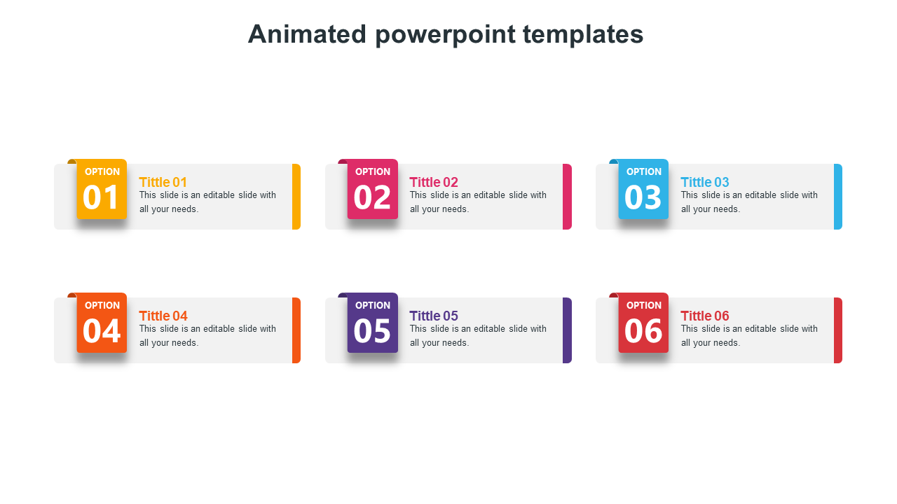 Six rectangular boxes in two rows, each labeled with a title and an option number with vibrant colors.