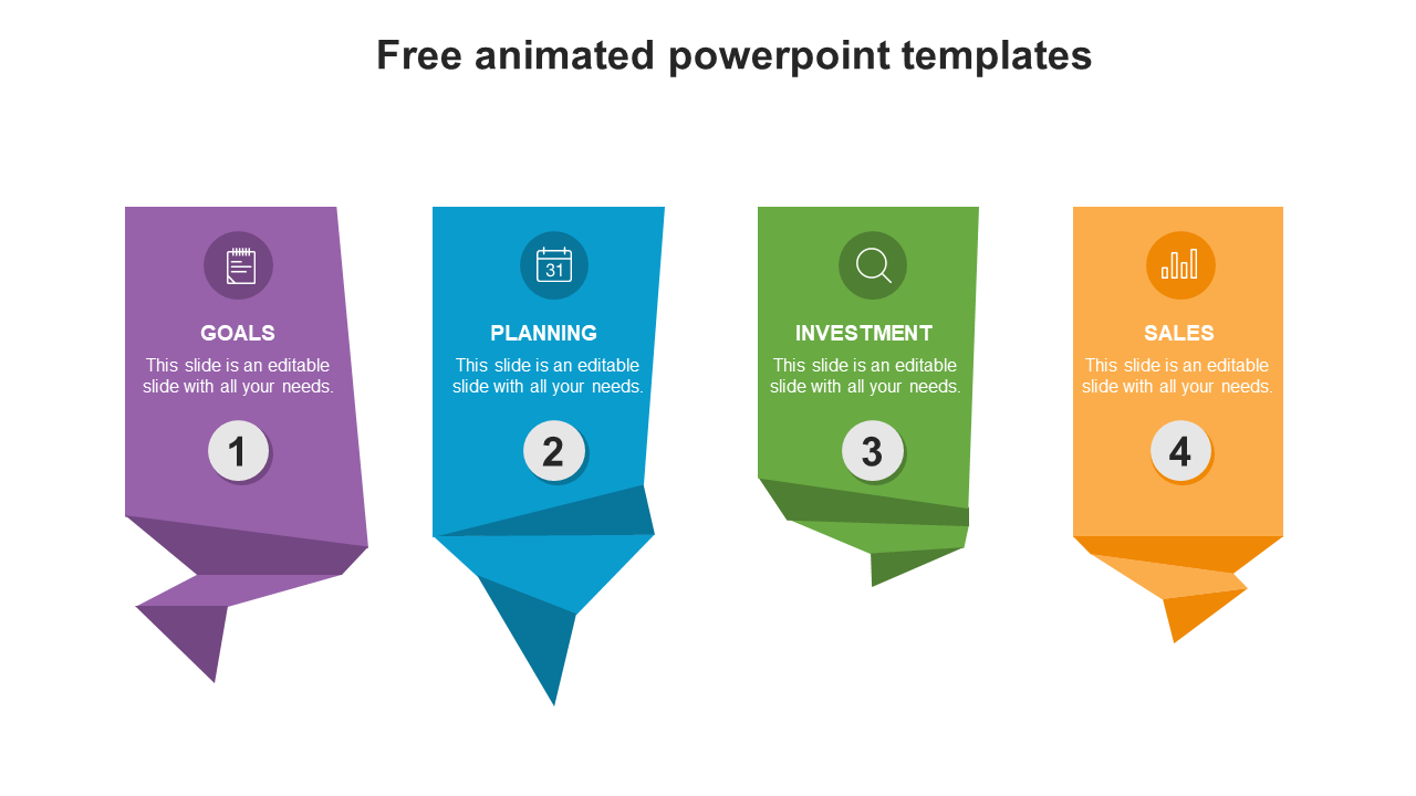 Four colorful ribbon-style labels for goals, planning, investment, and sales with icons and text area on a white background.