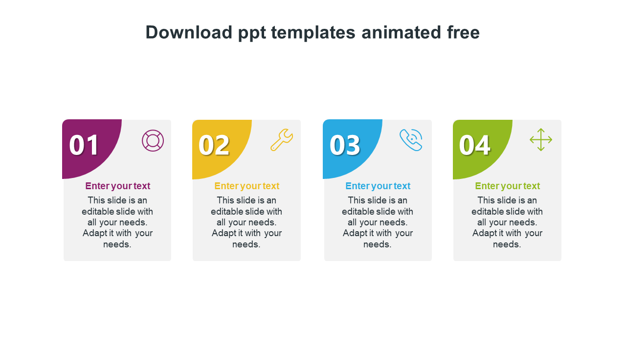 Animated PowerPoint slide with colorful numbered text boxes with icons on a white backdrop.