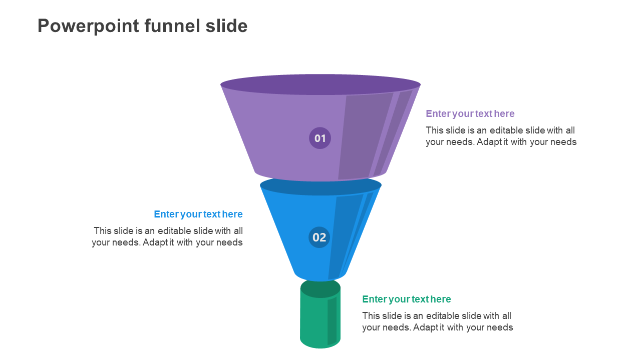 Colorful PowerPoint funnel slide with two sections labeled 01 and 02 each with text fields.