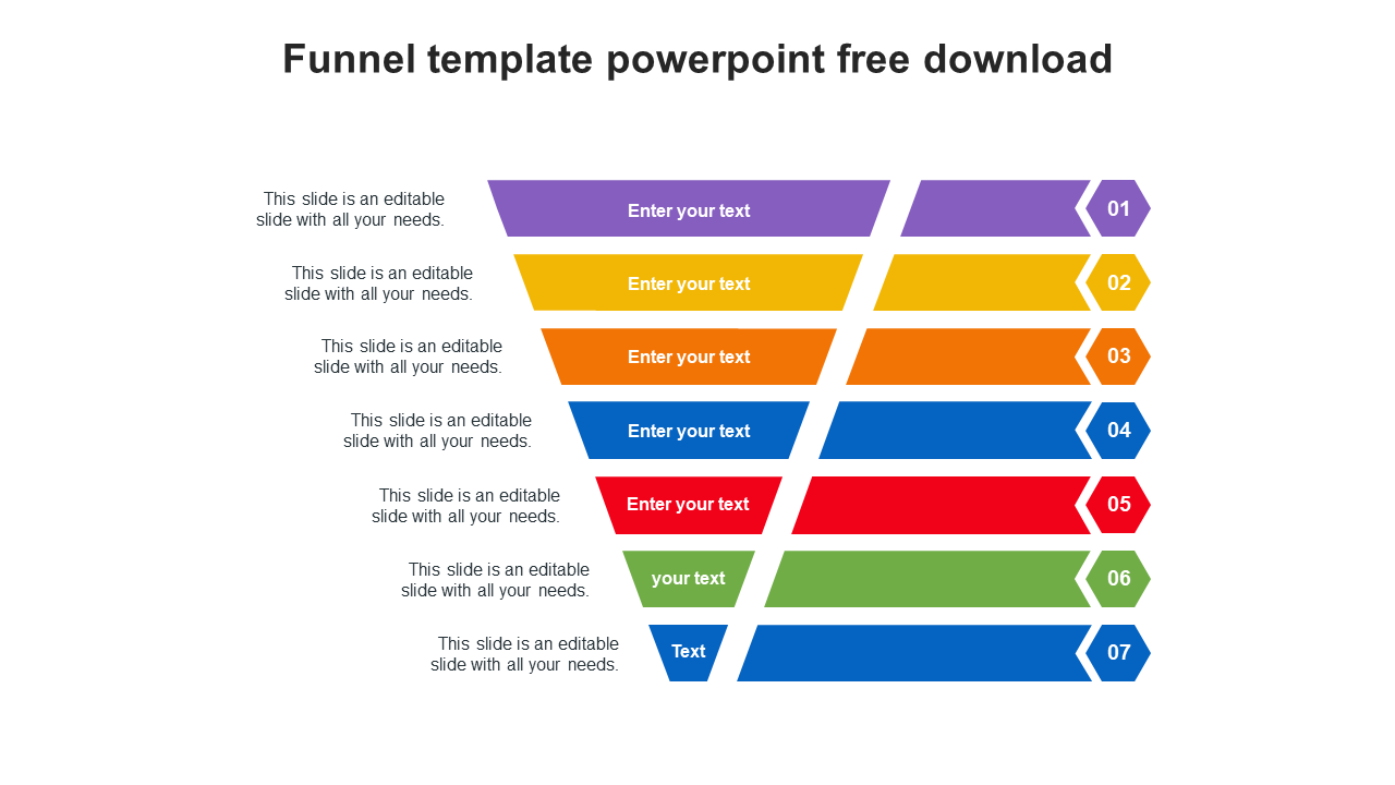 Seven level funnel slide, featuring colorful text sections for each stage of a process.