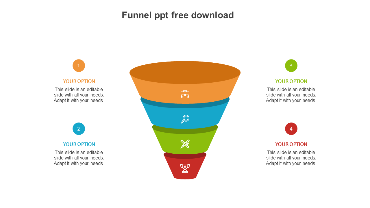 Colorful funnel diagram with four layers in orange, blue, green, and red, each with icons and numbered captions around it.