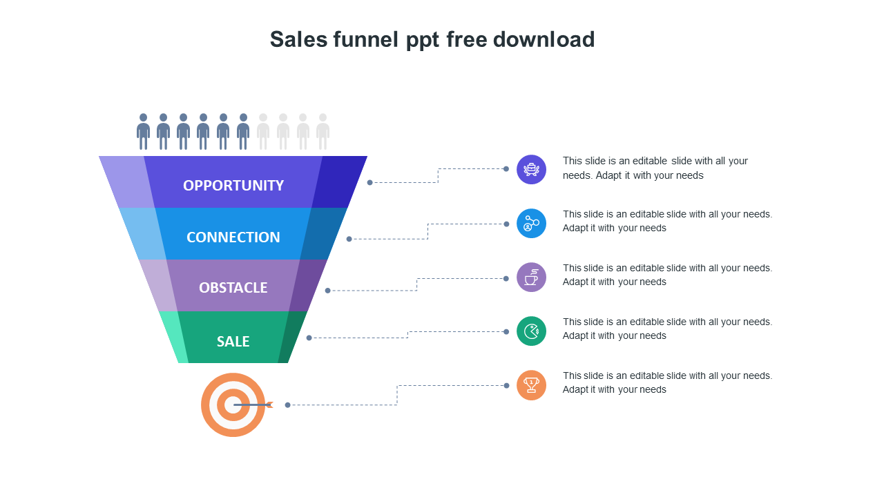 Colorful sales funnel diagram slide with 4 stages from Opportunity, Connection, Obstacle, and Sale, ending in a target icon.