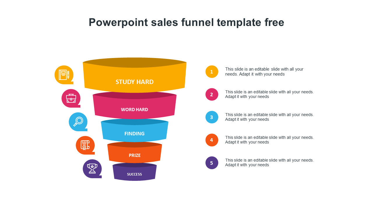 Slide with a colorful sales funnel showing five stages with icons representing each step.