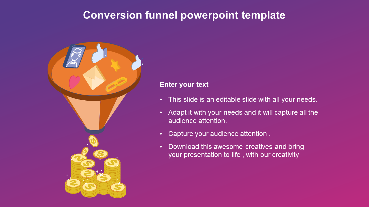 Conversion funnel PPT slide with icons like emails, likes, and links flowing into a funnel on a gradient backdrop with text.