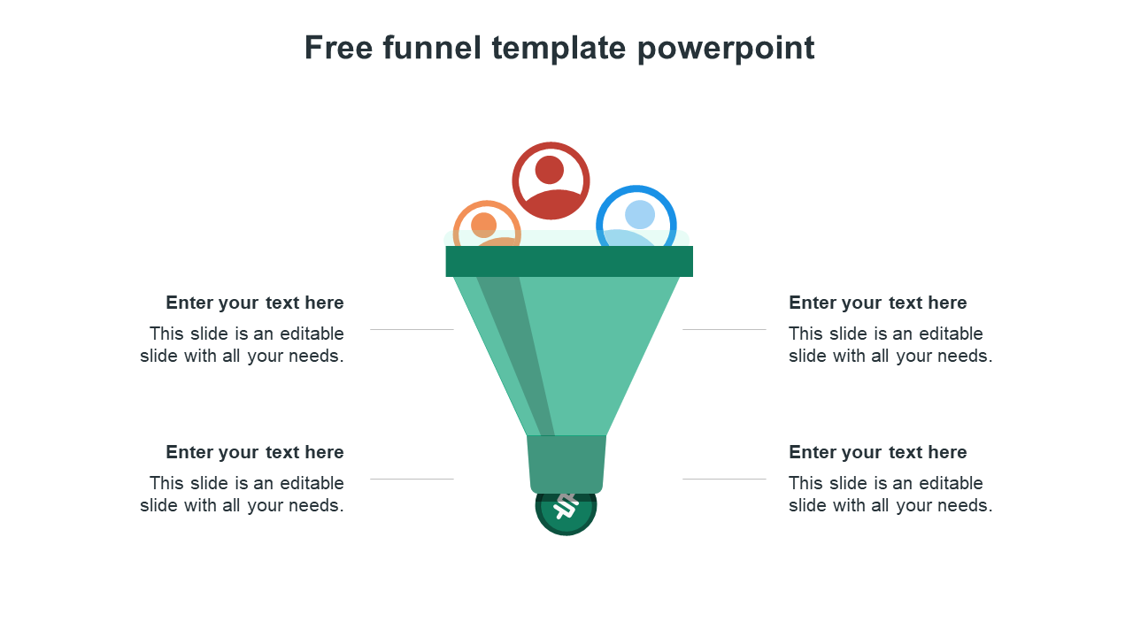 Funnel diagram in green with three colorful people icons at the top, and four text placeholders on both sides.