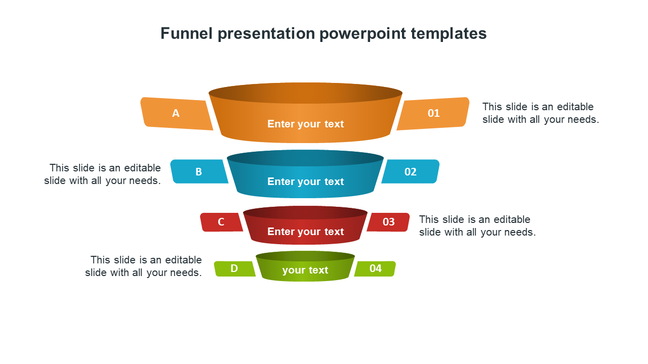 Colorful four layered funnel PowerPoint template with labeled sections A to D, each featuring text fields.