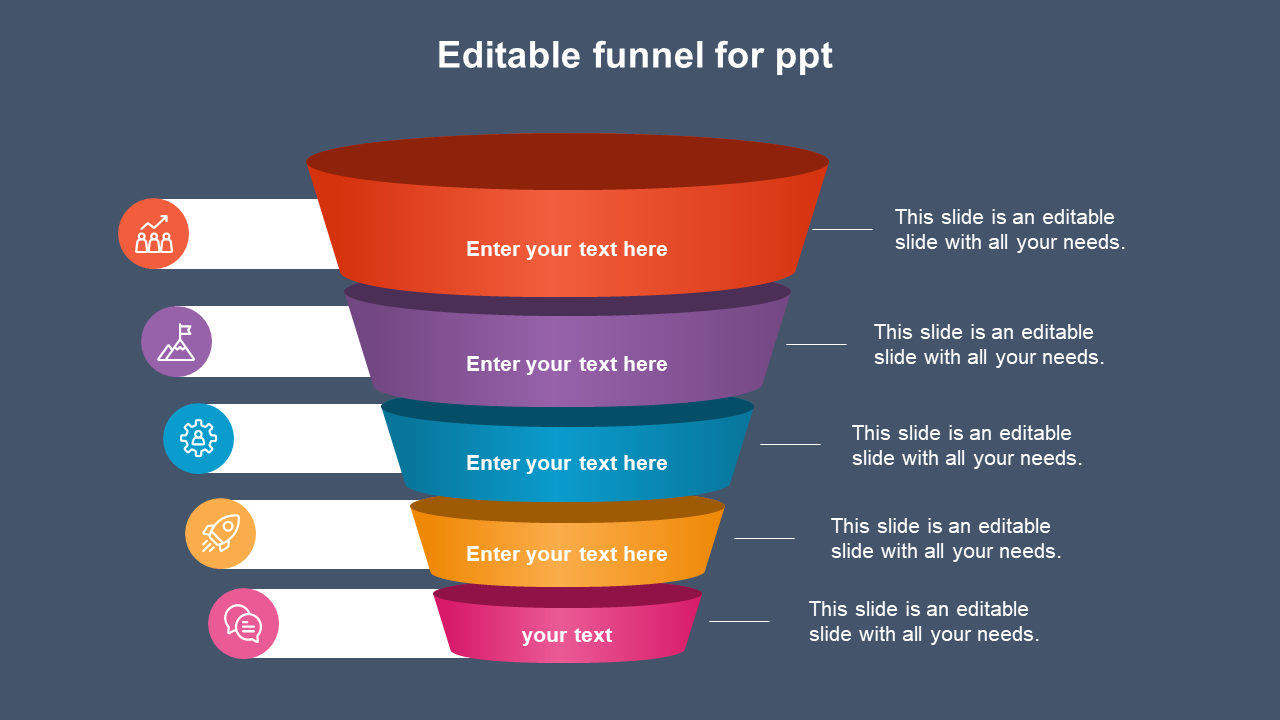 Colorful funnel diagram in red, purple, blue, orange, and pink with icons on the left and text on the right.