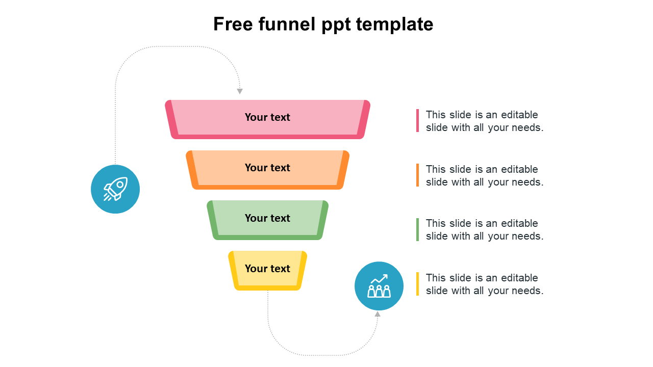 Colorful vertical funnel diagram PPT slide with labeled sections and process flow icons, representing a step by step process.