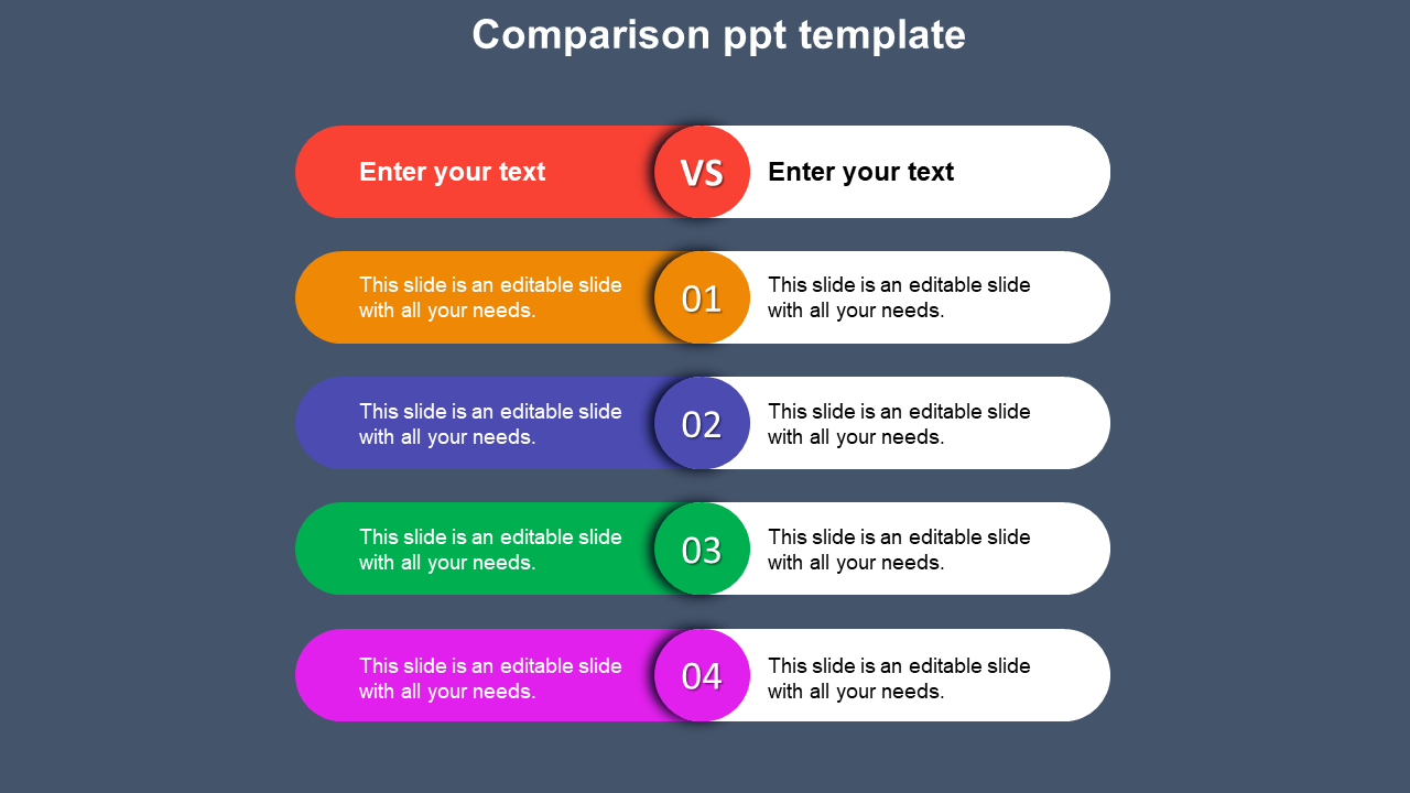 Four step comparison template featuring numbered rows with vibrant shades  on the left and white section on the right. 