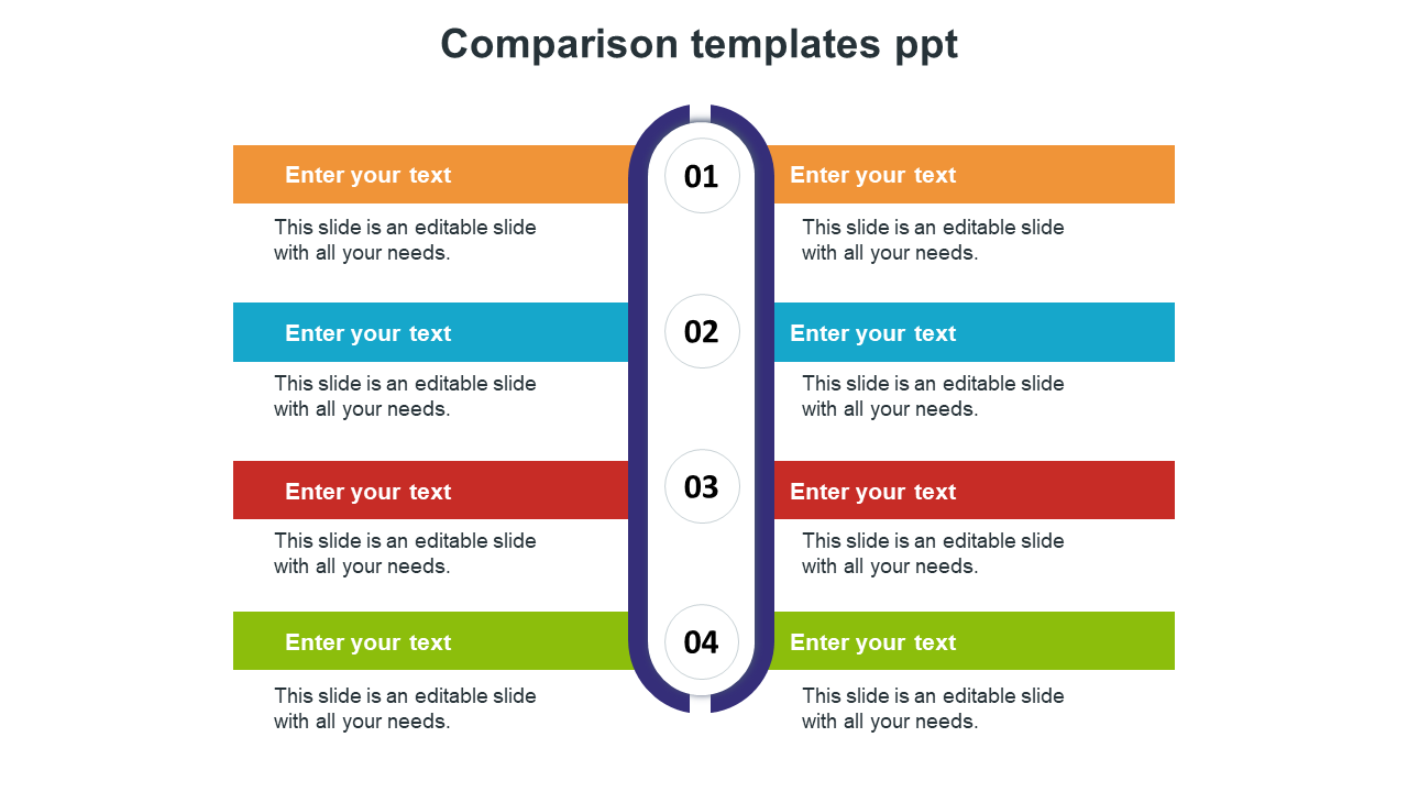 A comparison template with four numbered sections  arranged vertically in the center, with colored placeholder text boxes.