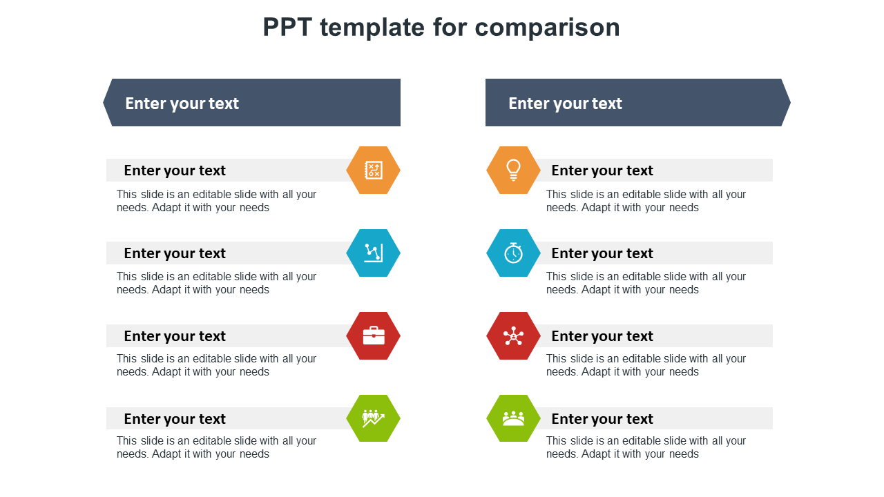 A two-column comparison template with hexagonal icons in orange, blue, red, and green next to placeholder text areas.