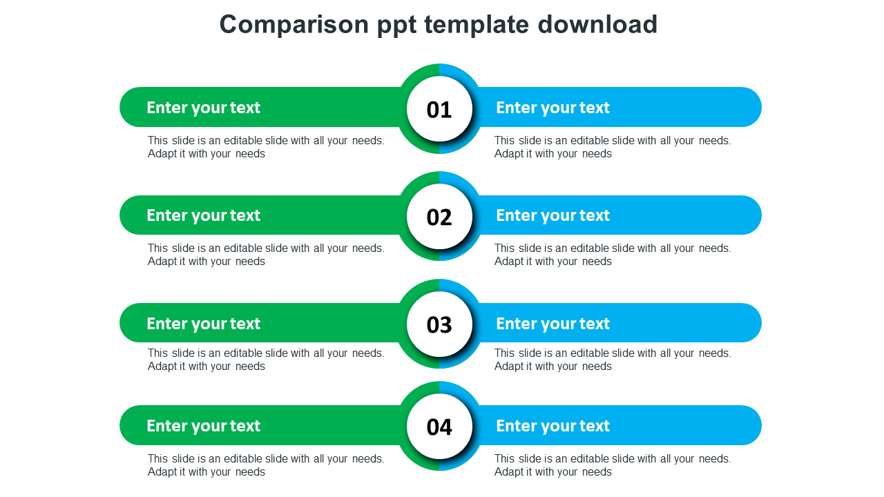 Comparison slide with four rows of green and blue text boxes, connected by numbered circular segments in the center.