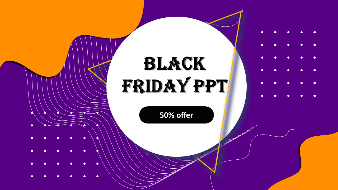 Vibrant Black Friday PowerPoint slide with a 50 percent offer on a purple and orange background.