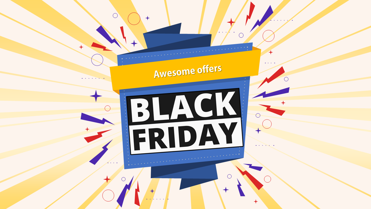 Vibrant Black Friday sale slide with bold typography, a blue and yellow design, and dynamic explosion graphics.