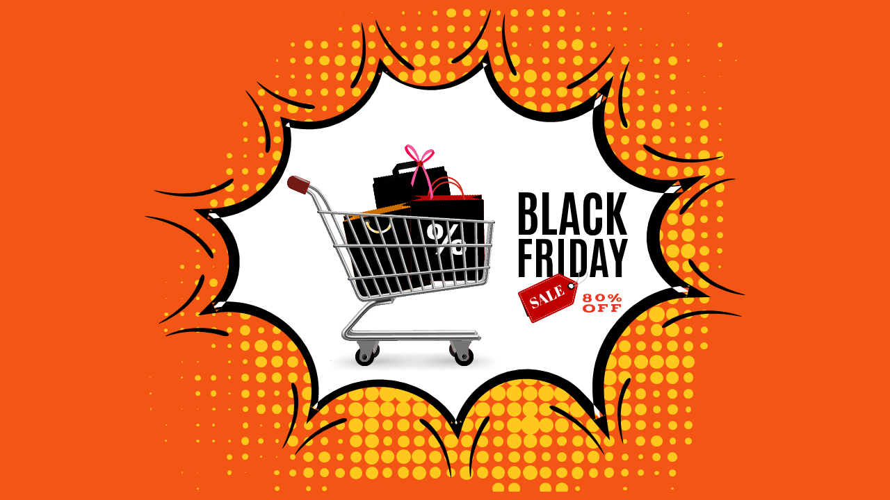 Creative Black Friday sale visual featuring a shopping cart and bold sale elements in a comic-style design.