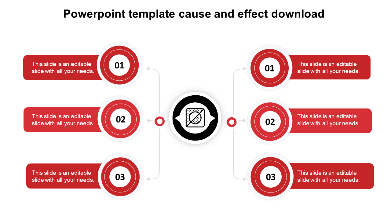 Cause and effect diagram with red circular icons, linked by lines to a central black and white icon, and text sections.