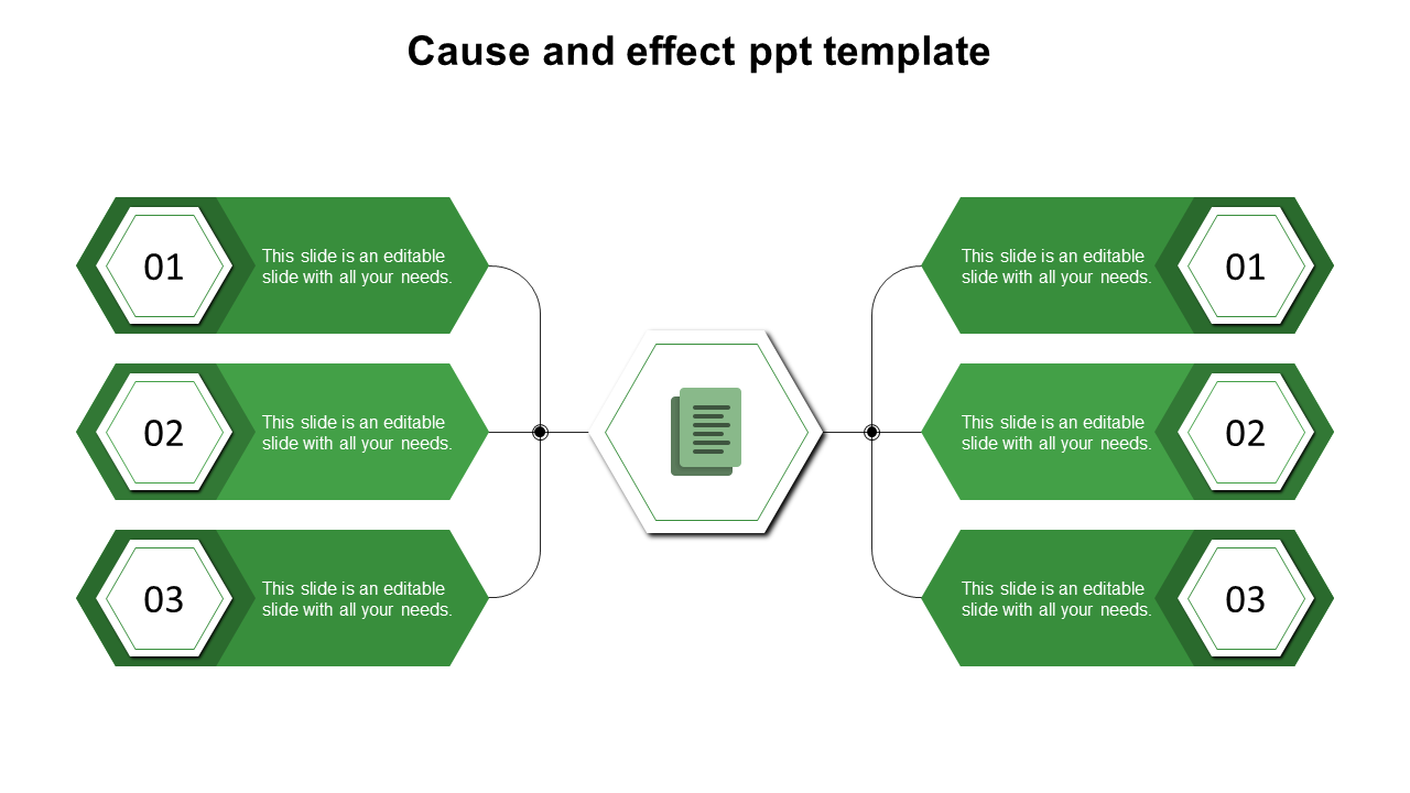 Green cause and effect template with hexagonal shapes arranged on both sides connected to a central icon.