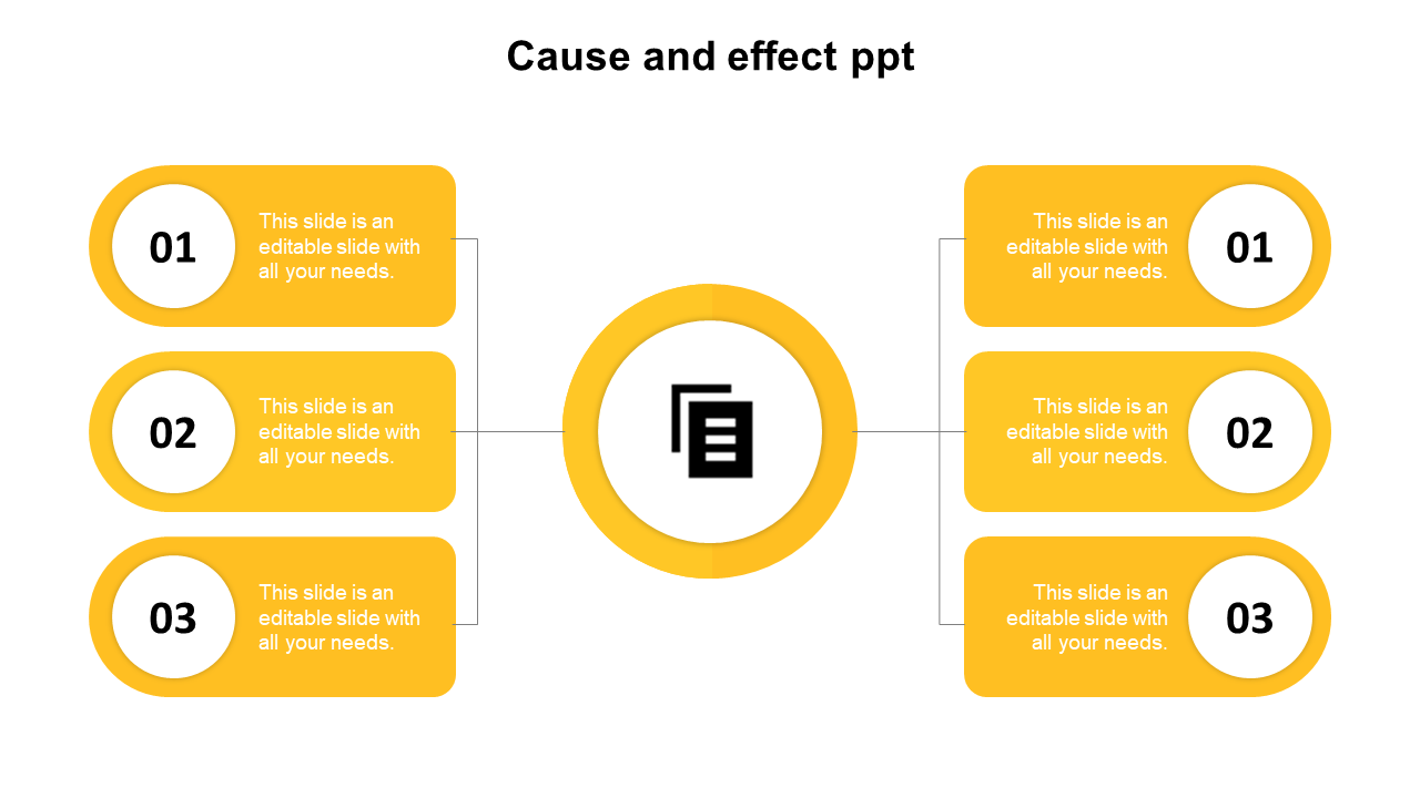 Cause-and-effect template with symmetrical groups of numbered yellow elements connected to a central yellow icon.