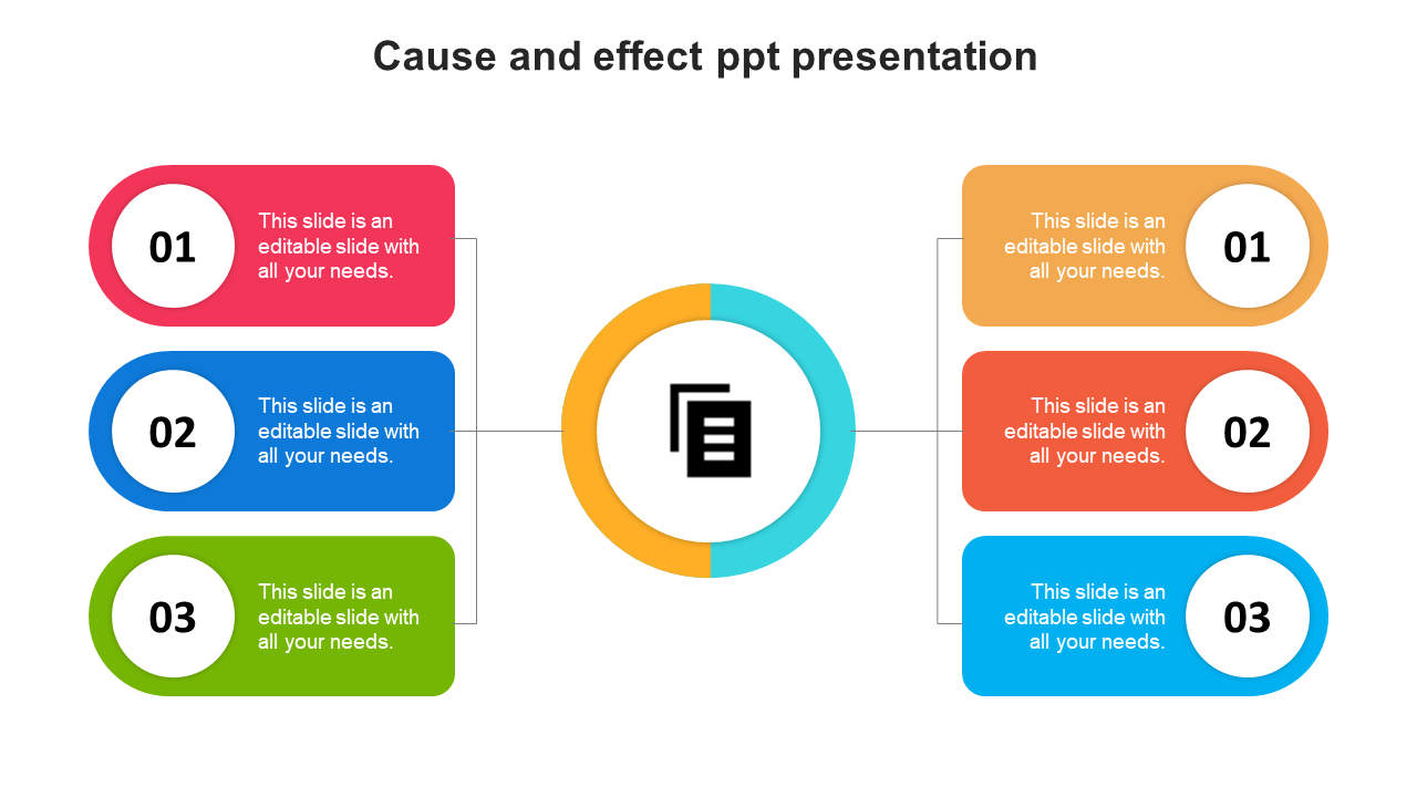 Cause and effect slide featuring a central icon with color coded placeholder text.