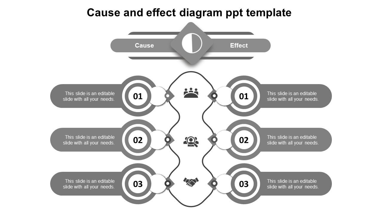 Monochrome cause and effect diagram template with three steps on each side, connected by icons and wavy lines in the center.