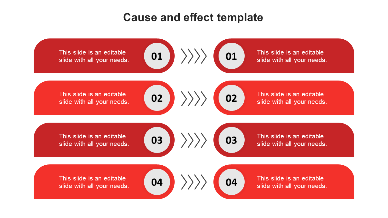 Cause and effect template with four red rectangular sections in two columns and arrows pointing to numbered labels.