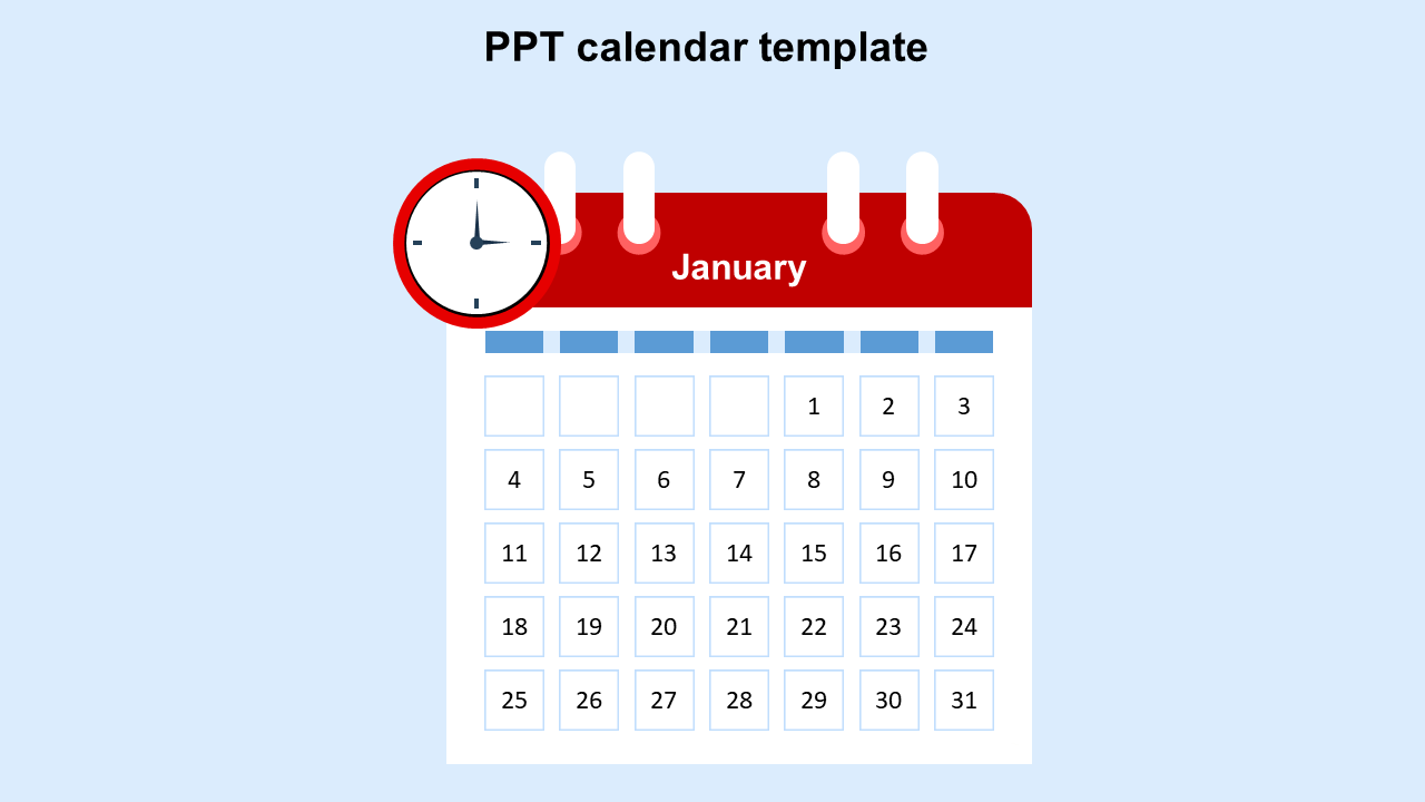 January calendar with red header and clock icon beside the month label, set on a light blue background.