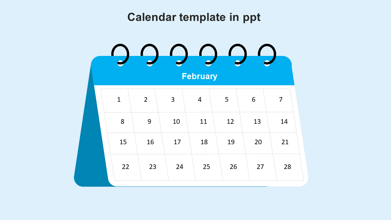 February calendar template with blue ring bound design on a light gradient background.