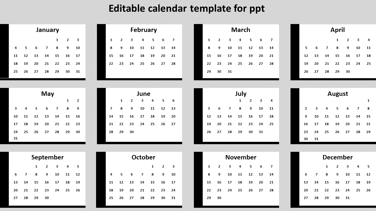 Calendar template for PowerPoint displaying all twelve months in a grid layout.