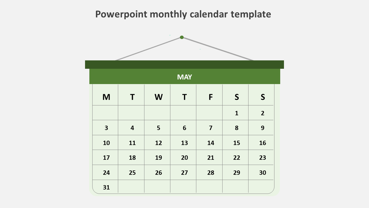 Calendar template with green hanging banner for May, and a simple grid layout with weekdays.