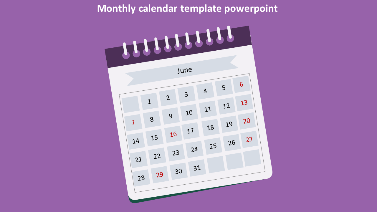 Monthly calendar template featuring June, with a spiral binding and red highlighted dates on a purple background.