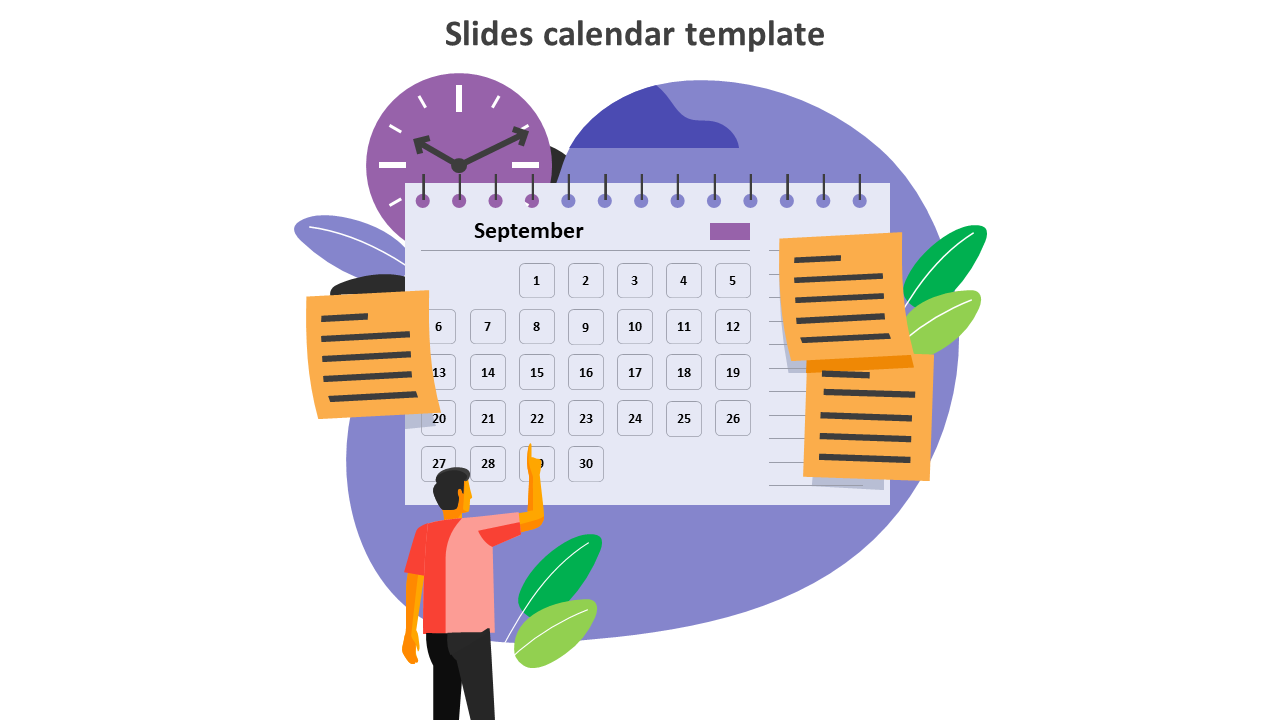 Illustration of a person pointing at a September calendar, with sticky notes, a clock, and leaves over a purple background.