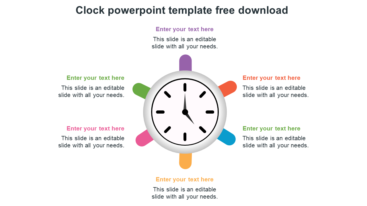 Colorful clock themed slide with sections for placeholder text surrounding the clock face.